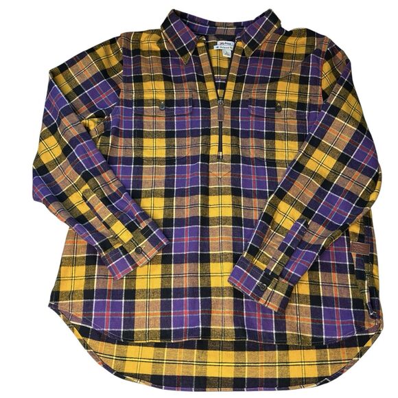 LL Bean Womens Plaid Flannel Shirt Quarter Zip Pullover LARGE PETITE Relaxed Fit - Picture 1 of 15